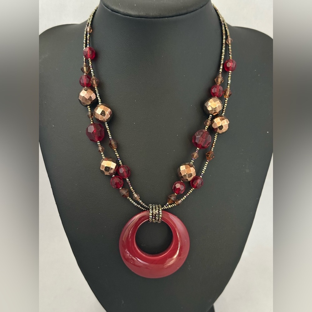 Vintage Lia Sophia bronze and red beaded necklace with red donut pendant